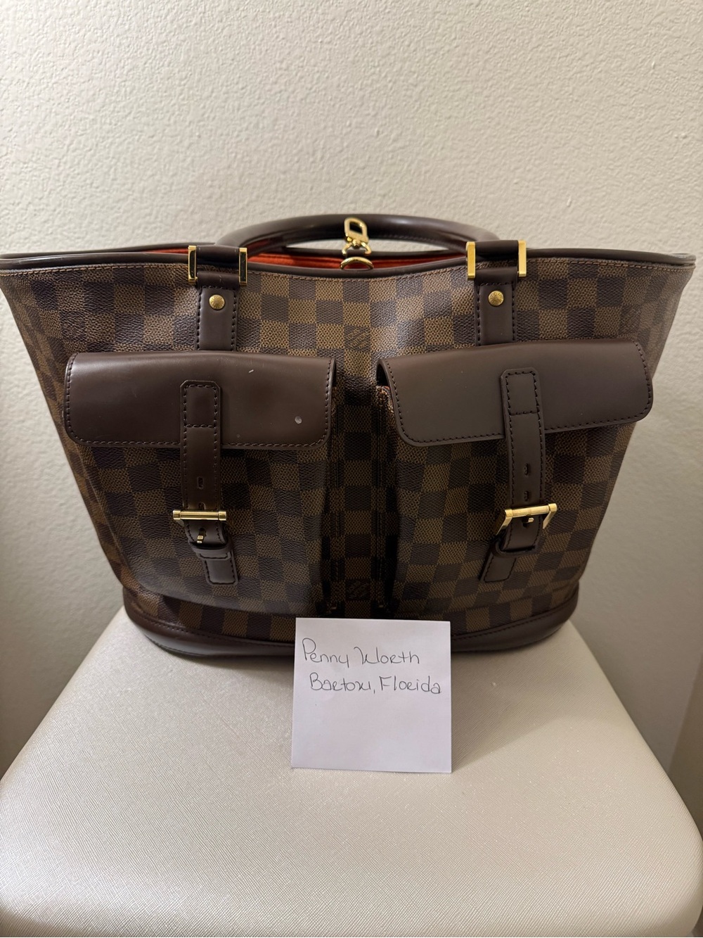 Brown Checkered Men’s Leather Tote Bag